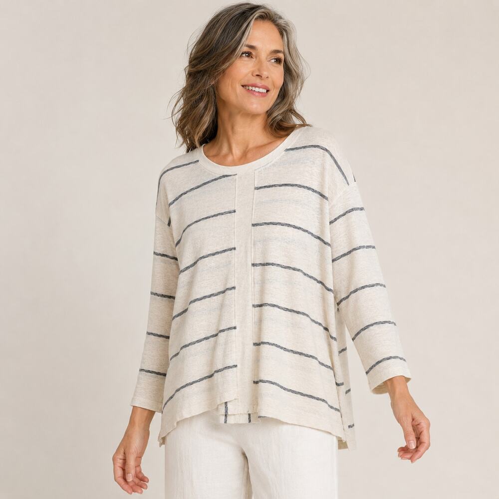Habitat Slub Knit Pullover Top  Large White Stripe 3/4 Sleeve Lagenlook